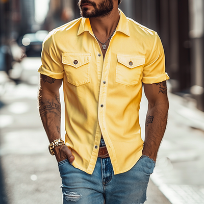 Men's Classic Casal Solid Color SliFitlti-Pocket Polyester Cotn Short Sleeve Shirt