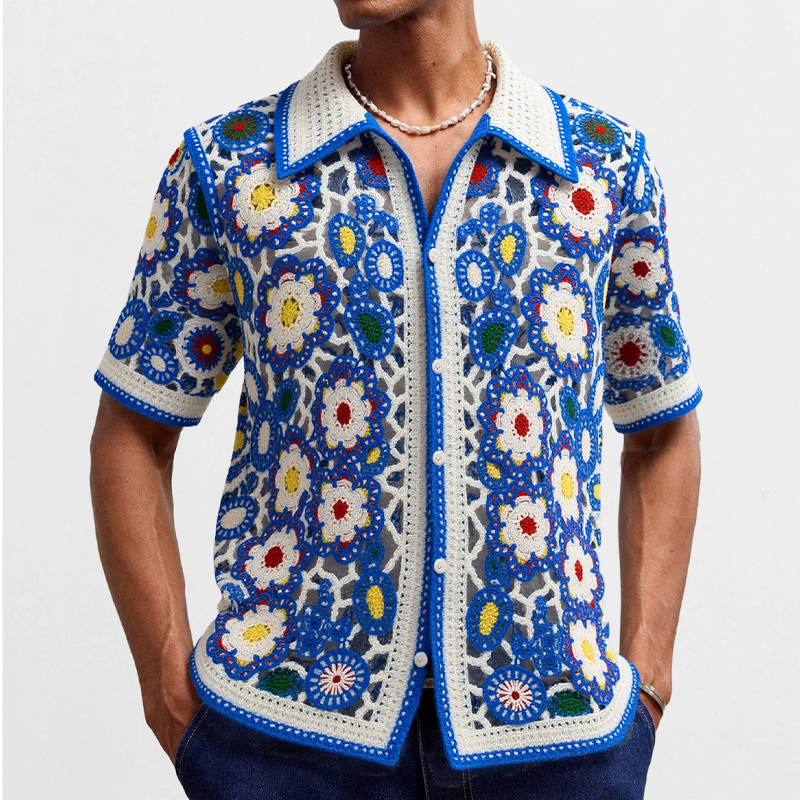 Men's Resort Floral Jacqard Short Sleevenit Shirt