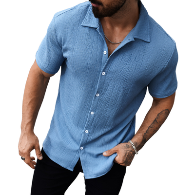 Fernando | Men'S Casual Cotton Blend Pleated Texture Lapel Slim Fit Short Sleeve Shirt