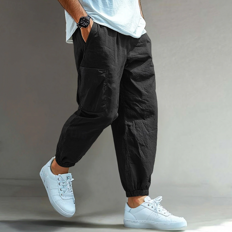 Salvador | Men'S Casual Solid Color Breathable Cotton Linen Blend Elastic Waist Multi-Pocket Cuffed Pants