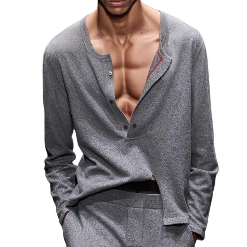Remy | Men'S Solid Loose Henley Collar Long Sleeve Knit Sweater