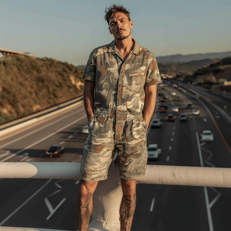 Wendell | Men'S Spring And Summer Fashion Casual Camouflage Cotton Blended Short Sleeve Shirt-Style Jumpsuit