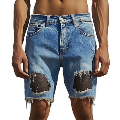 Ignacio | Men'S Spring And Summer Fashion Casual Denim Washed Splicing Mesh Fabric Raw Edge Shorts