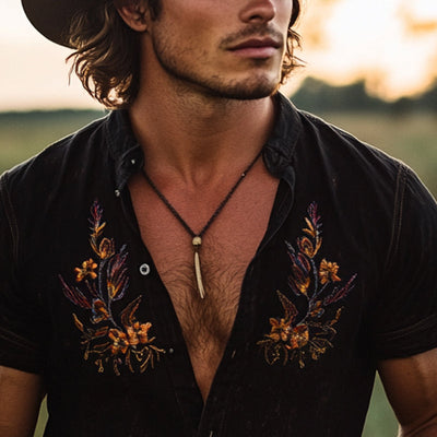 Men's Vine Embroidered Lapel Short Sleeve ShirtX