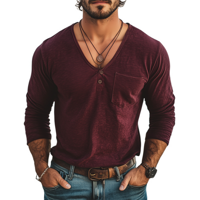 Marcelo | Men'S Basic Deep V Neck Cotton Solid Color Long Sleeve T-Shirt