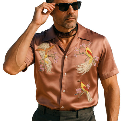 Joaquin | Men'S Summer Fashion Satin Flower And Bird Embroidery Short Sleeve Shirt