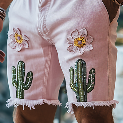Oliver | Men'S Spring And Summer Fashion Casual Pink Washed Denim Three-Dimensional Flower Cactus Embroidered Shorts