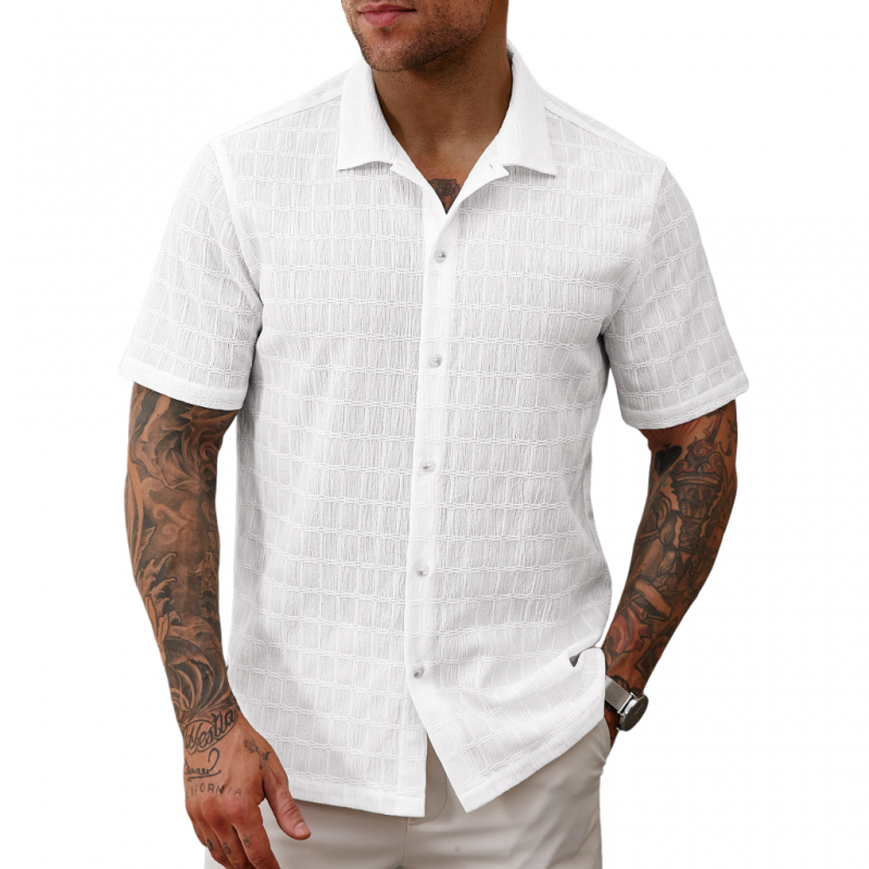 Guy | Men'S Casual Lace Pleated Texture Lapel Slim Short Sleeve Shirt
