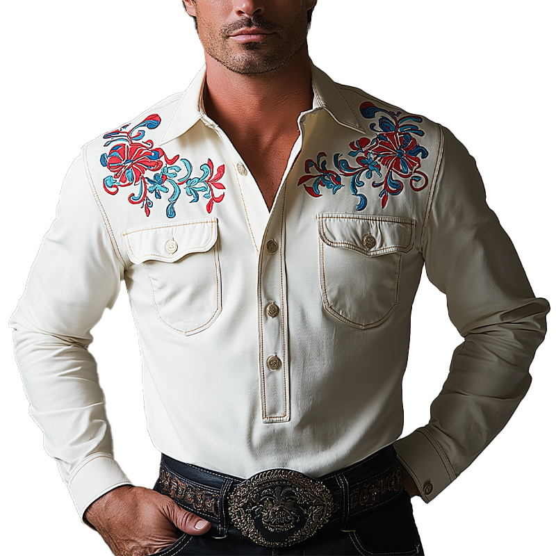 Simon | Men'S Simple Embroidered Cotton Long Sleeve Shirt