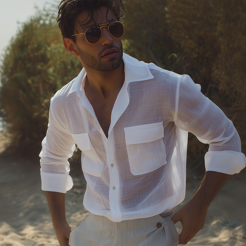 Jamal | Men'S Retro Casual Solid Color Linen Lapel Long Sleeve Shirt