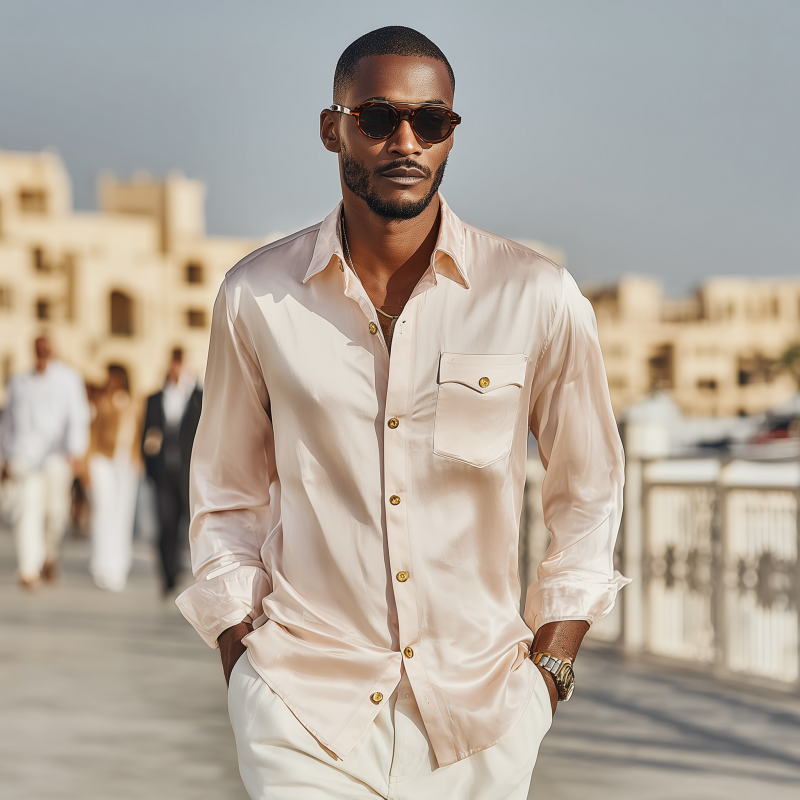 Leroy | Men'S Vintage Elegant Solid Satin Lapel Chest Pocket Slim Fit Long Sleeve Shirt