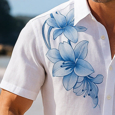 Marcelo | Men'S Summer Lightweight Breathable Floral Print Linen Short Sleeve Shirt