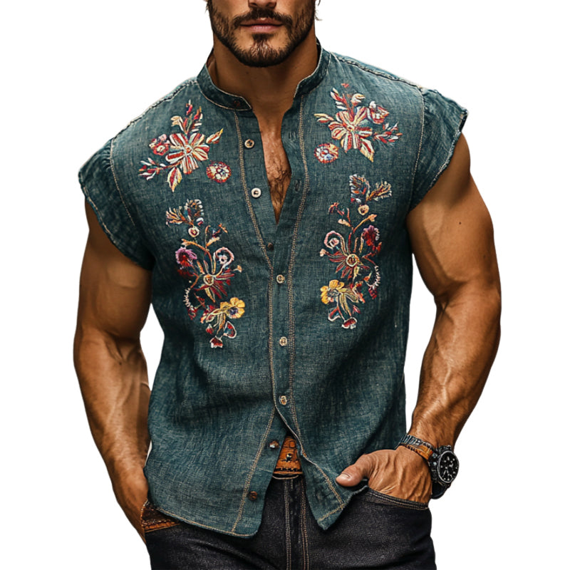 Cesar | Men'S Casual Cotton And Linen Embroidered Small Flying Sleeve Lapel Shirt