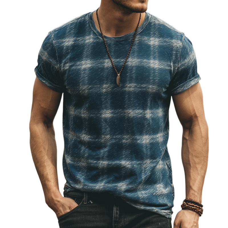 Douglas | Men'S Retro Casual Plaid Contrast Color Printed Round Neck Short Sleeve T-Shirt