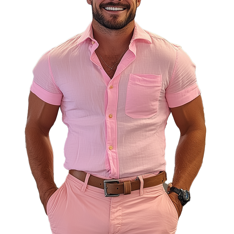 Vic | Men'S Summer Fashion Solid Color Slub Cotton Short Sleeve Shirt