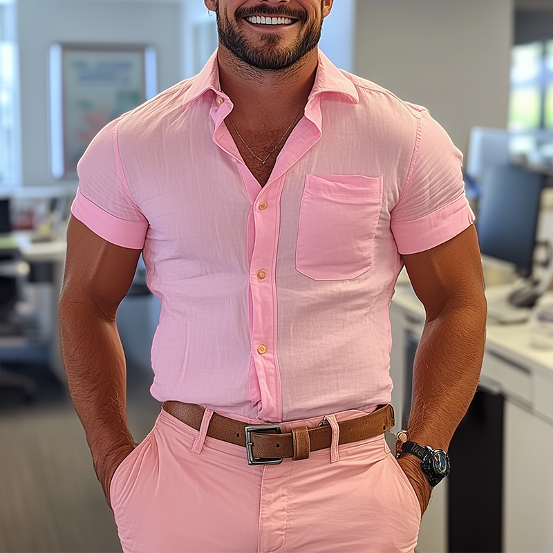 Vic | Men'S Summer Fashion Solid Color Slub Cotton Short Sleeve Shirt
