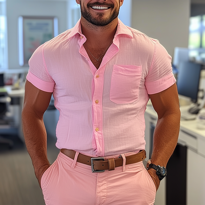 Vic | Men'S Summer Fashion Solid Color Slub Cotton Short Sleeve Shirt