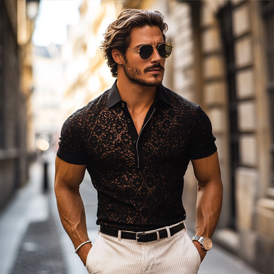 Men's Fashion Lace Lapel Short Sleeve Casal Polo Shirt