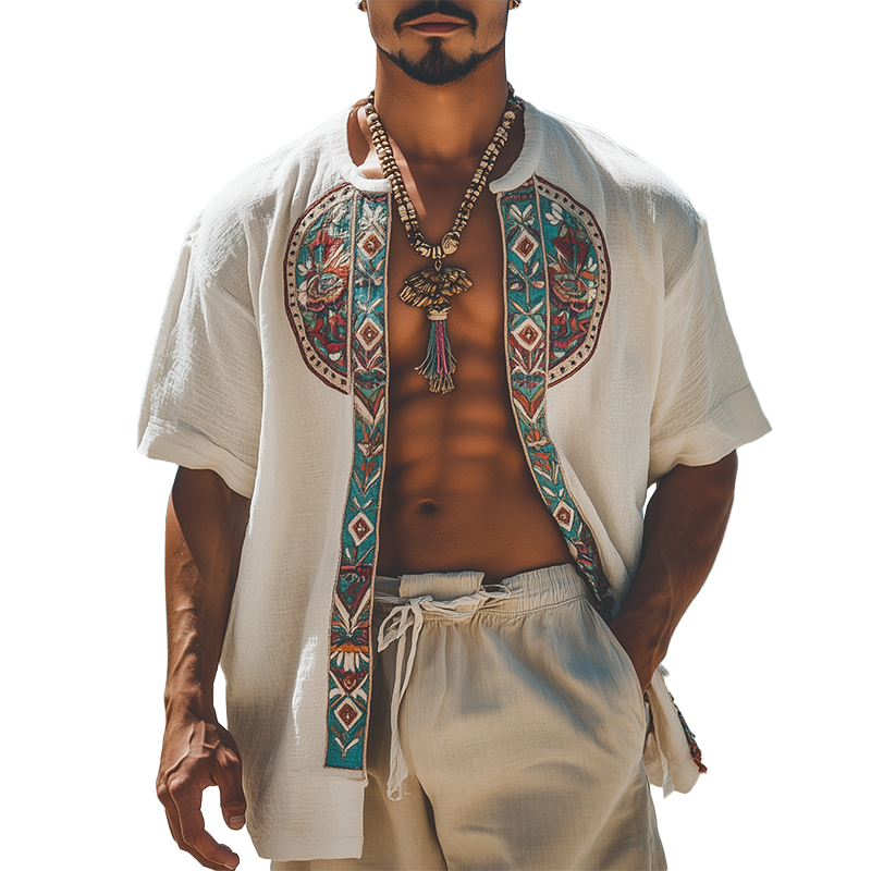 Devon | Men'S Summer Fashion Holiday Style Embroidered Cotton And Linen Short-Sleeved Open Shirt