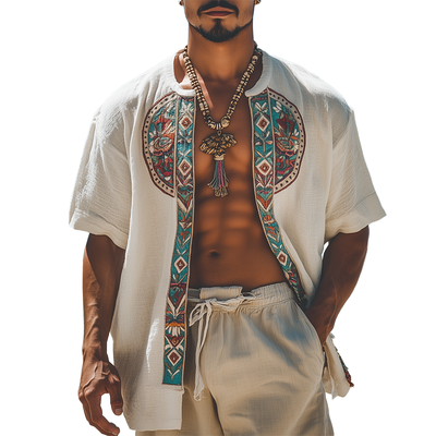 Devon | Men'S Summer Fashion Holiday Style Embroidered Cotton And Linen Short-Sleeved Open Shirt