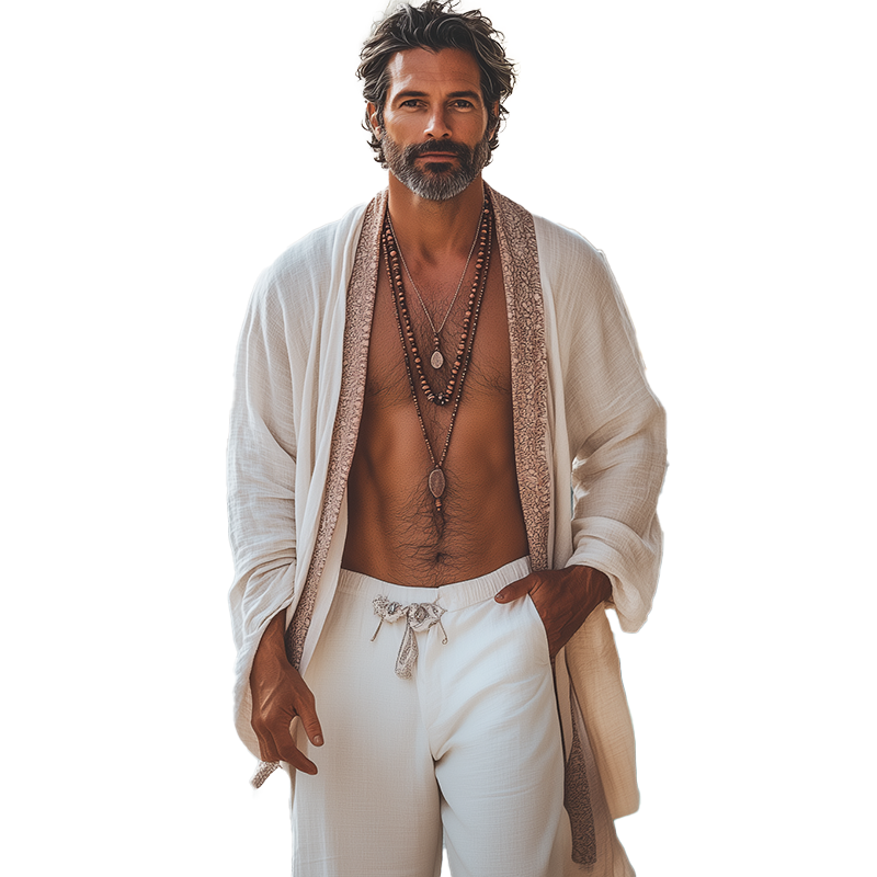 Armando | Men'S Summer Fashion Resort Style Printed Lightweight Slub Linen Long Sleeve Open Shirt