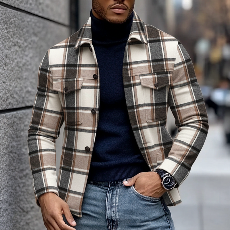 Asa® | Men's Casual Lapel Multi-pocket Blend Plaid Jacket MTA3033I5X