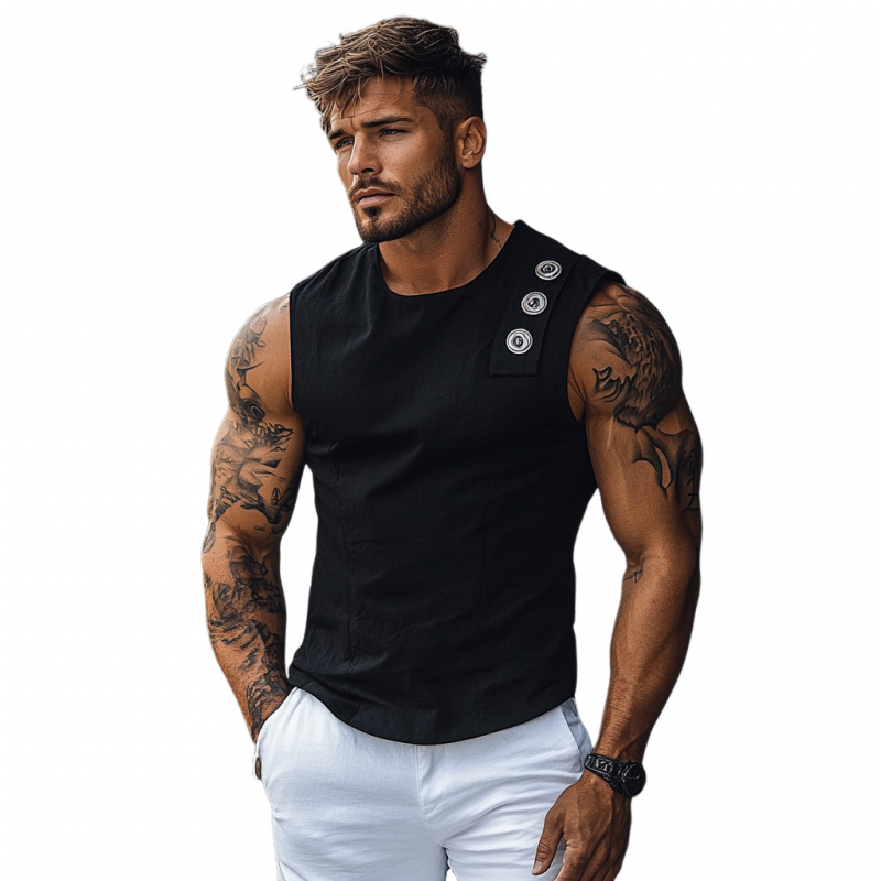 Esteban | Men'S Casual Breathable Cotton Round Neck Button Decoration Slim Fit Tank Top