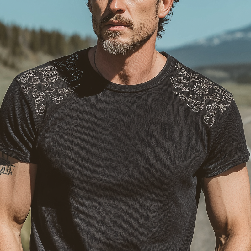 Basil | Men'S Spring And Summer Fashion Casual Shoulder Embroidery Cotton Blended Ribbed Texture Slim Round Neck Short-Sleeved T-Shirt