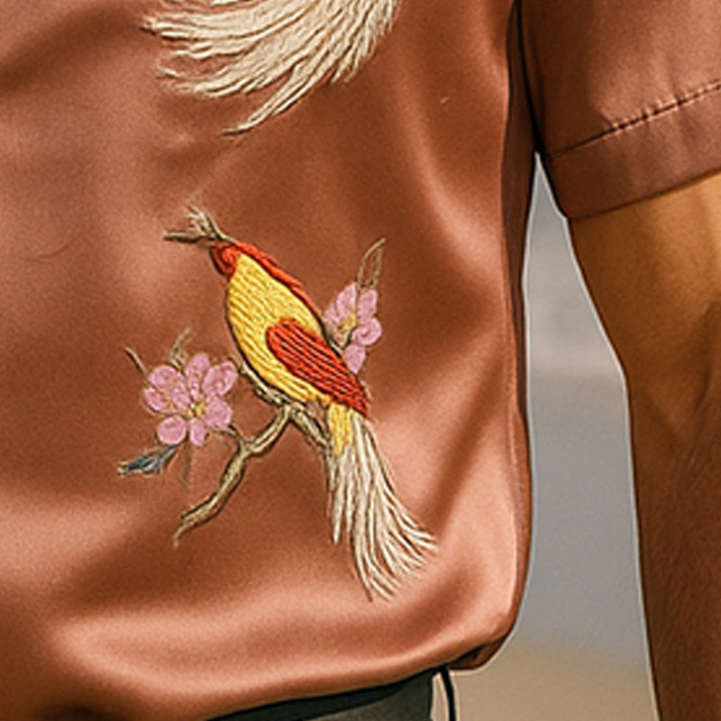 Joaquin | Men'S Summer Fashion Satin Flower And Bird Embroidery Short Sleeve Shirt