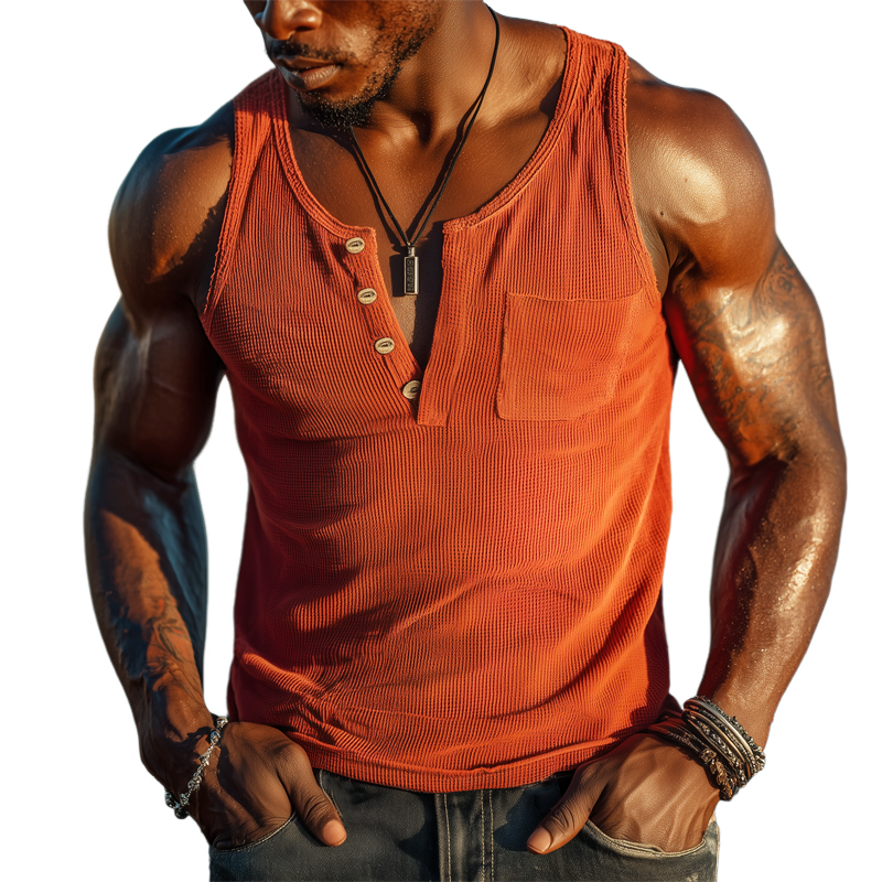 Orin | Men'S Summer Henley Neck Waffle Solid Tank Top