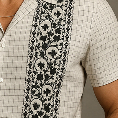 Ross | Men'S Summer Fashion Embroidered Check Linen Short Sleeve Shirt