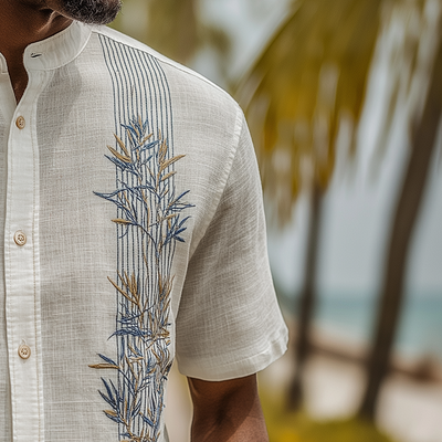 Wayne | Men'S Summer Fashion Leaf Embroidery Slub Linen Henley Collar Short Sleeve Shirt