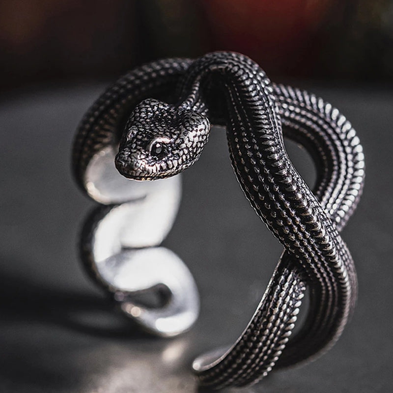 Eddie | Men'S Retro Punk Style Three-Dimensional Python S925 Silver Adjustable Ring
