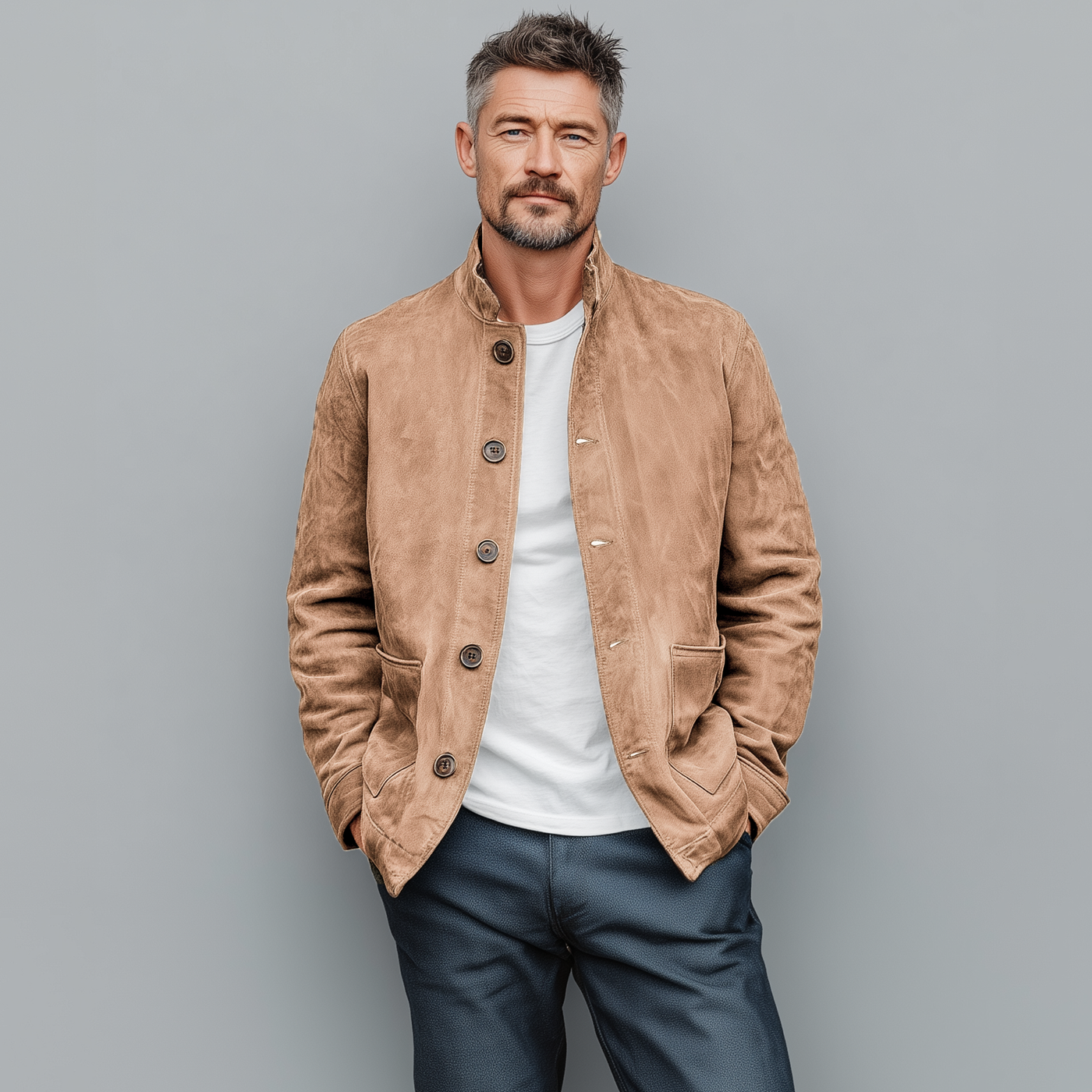 Rodrigo | Men'S Retro Casual Thin Suede Wooden Button Stand Collar Jacket