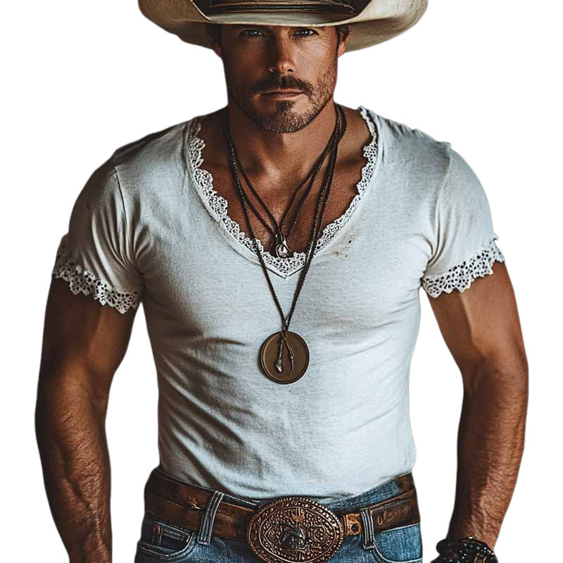 Herman | Men'S Solid Color Cotton Blend V-Neck Lace Stitching Short-Sleeved T-Shirt