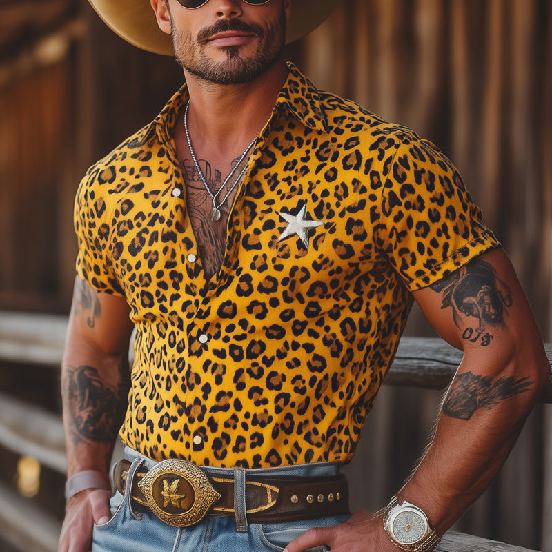 Javier | Men'S Summer Leopard Print Star Embroidery Short Sleeve Shirt