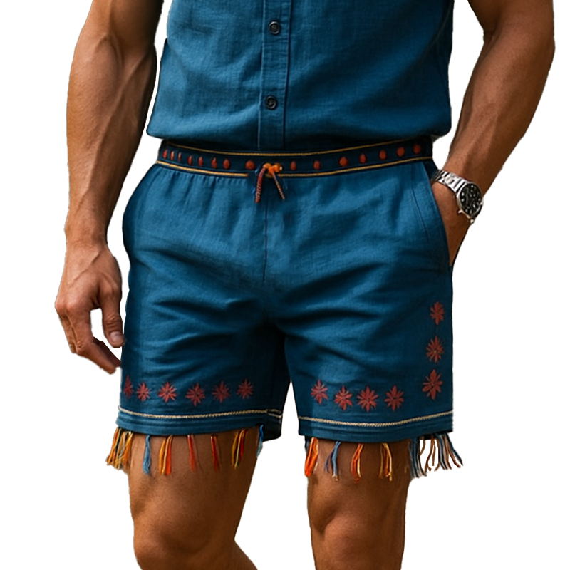 Emil | Men'S Summer Fashion Embroidery Tassel Slub Linen Casual Shorts