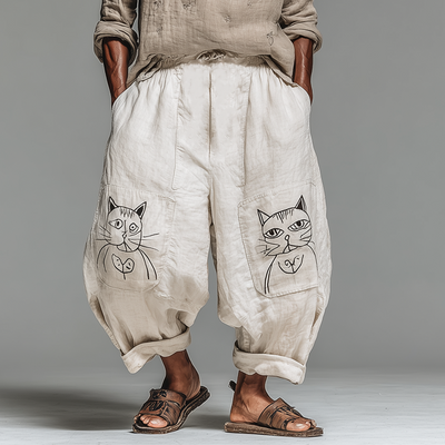 Neil | Men'S Summer Fashion Cat Print Cotton And Linen Bloomers