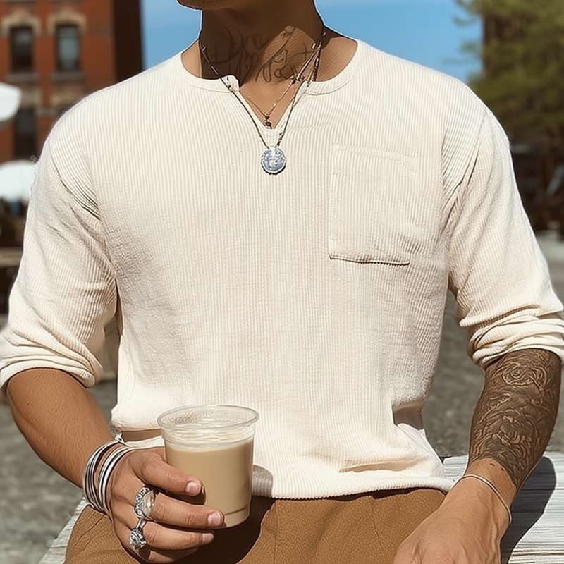 Pablo | Men'S Casual Cotton Blend Solid Color Ribbed V-Neck Slim Fit Long Sleeve T-Shirt