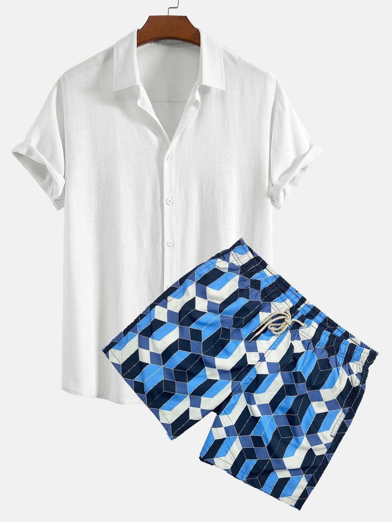 Benicio® | Linen Rayon Blend Button Up Shirt & Geometric Color Block Print Swim Shorts