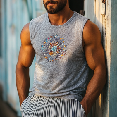 Diego | Men'S Bohemian Embroidered Breathable Bamboo Cotton Round Neck Slim Fit Tank Top