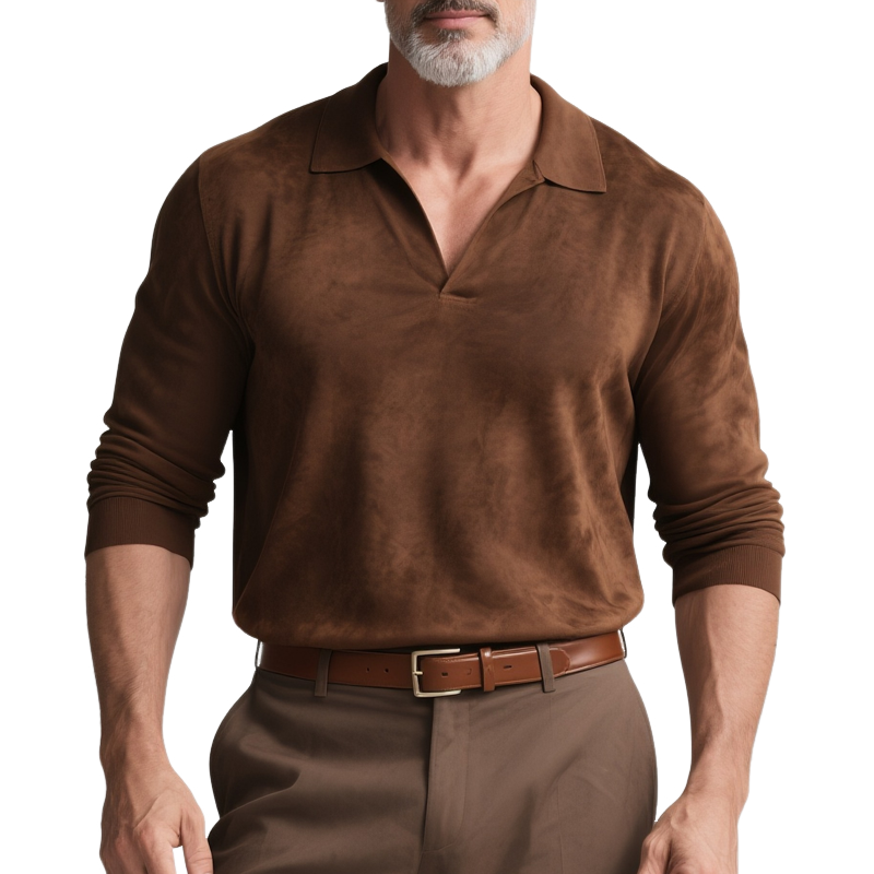 Quentin | Men'S Solid Faux Suede Lapel Long Sleeve Polo Shirt