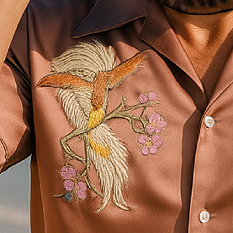 Joaquin | Men'S Summer Fashion Satin Flower And Bird Embroidery Short Sleeve Shirt