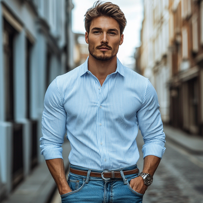 Justin | Men'S Striped Printed Cotton And Linen Long Sleeve Shirt