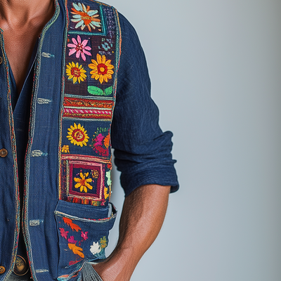 Chuck | Men'S Summer Fashion Premium Bohemian Embroidery Slub Linen Vest