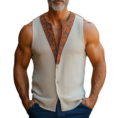Ignacio | Men'S Summer Fashion Printed Contrast Color Linen Sleeveless Shirt