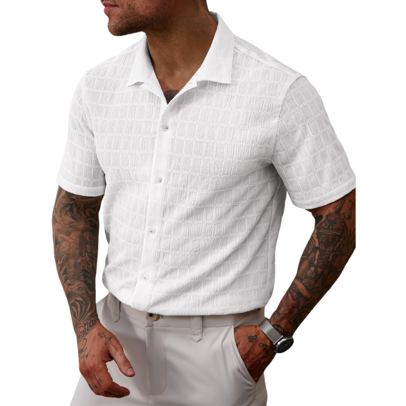 Guy | Men'S Casual Lace Pleated Texture Lapel Slim Short Sleeve Shirt