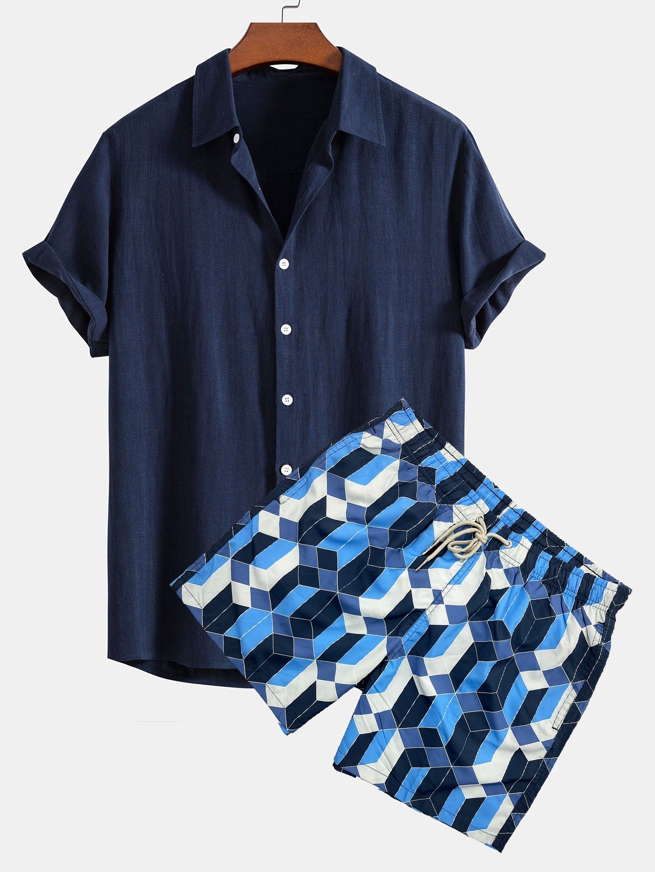 Benicio® | Linen Rayon Blend Button Up Shirt & Geometric Color Block Print Swim Shorts