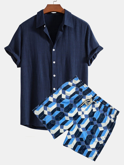 Benicio® | Linen Rayon Blend Button Up Shirt & Geometric Color Block Print Swim Shorts