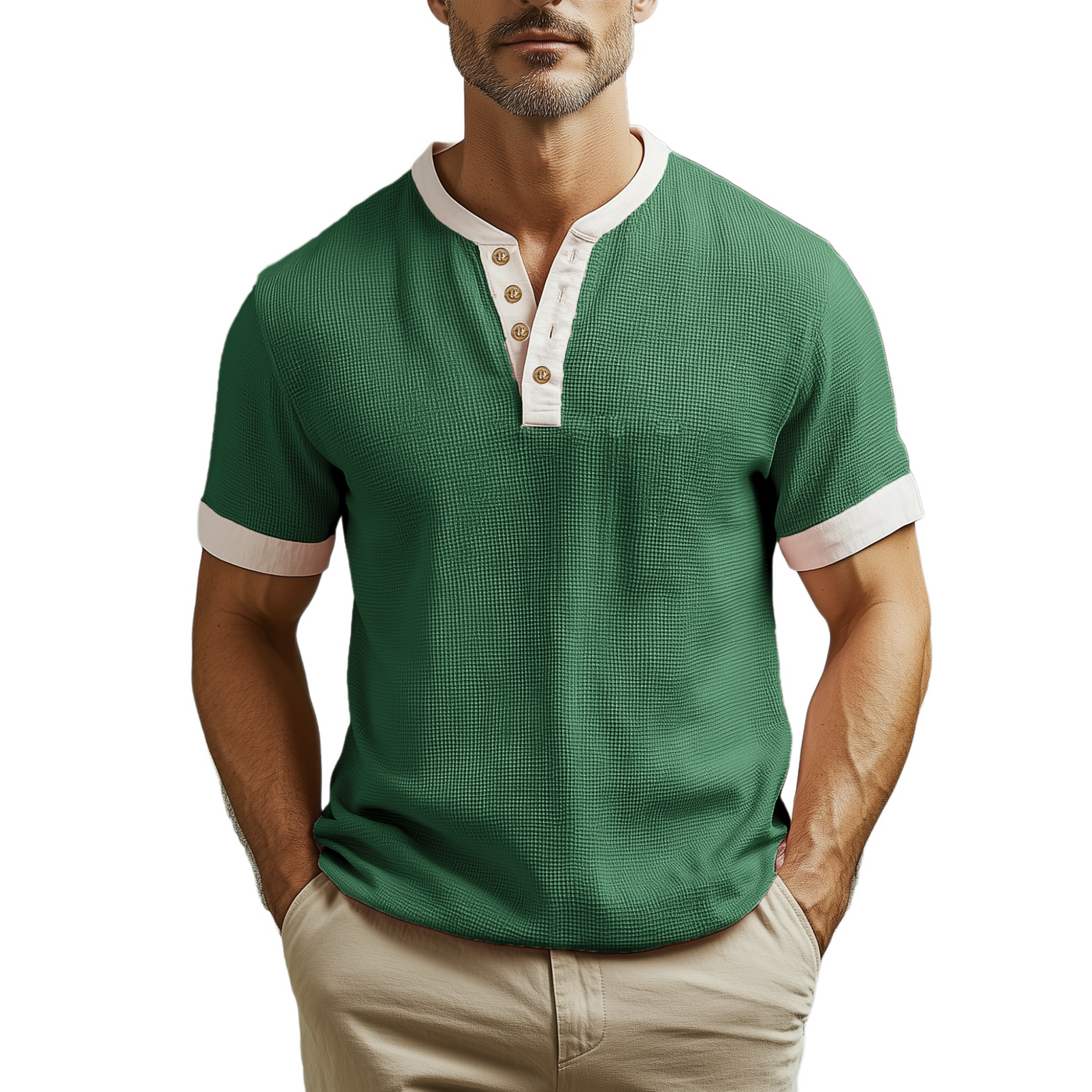 Royce | Men'S Spring And Summer Casual Henley Collar Waffle Stitching Cotton Blended Short Sleeve T-Shirt